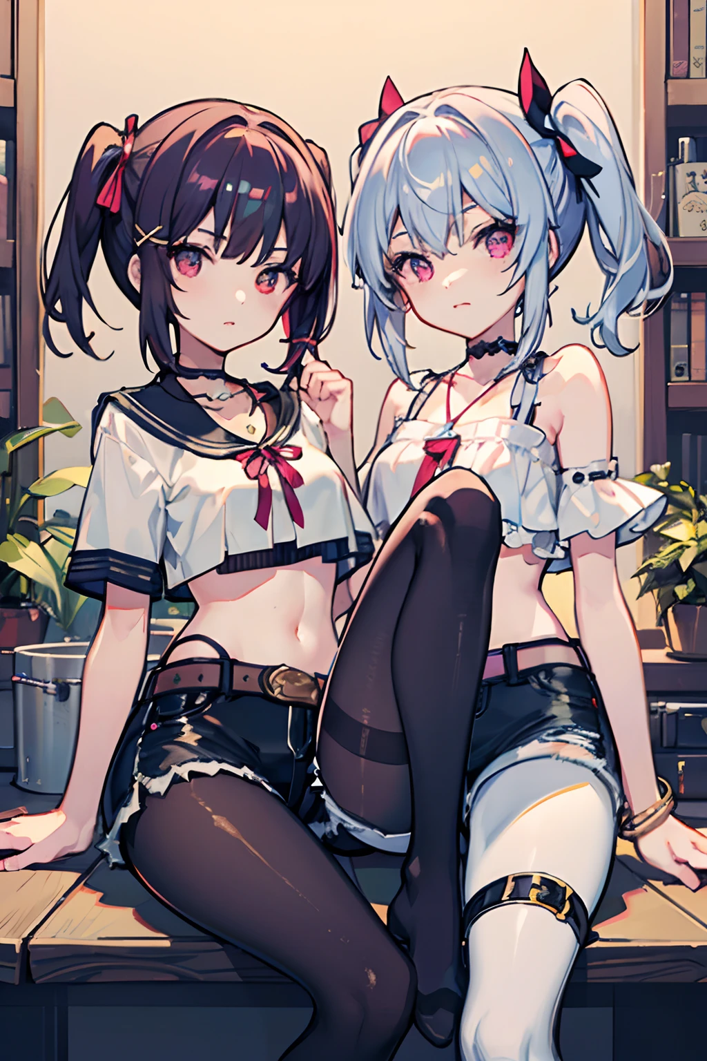 ,twins, Masterpiece,Best quality,offcial art,Extremely detailed Cg Unity 8K wallpaper, 2girls, cute female child,  hair adornments, Short shorts, Crop top, ribbon_choker necklace, leg belt,Pantyhose