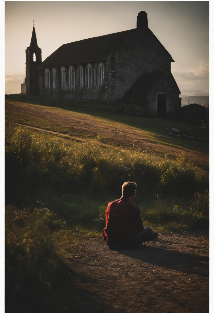 It's a dark night with light rain, A boy is sitting on the ground in front of him, he observes a red flower highlighted. , The setting is of a slum and there is a church with a tower and a large cross, A single lamp illuminates the scene