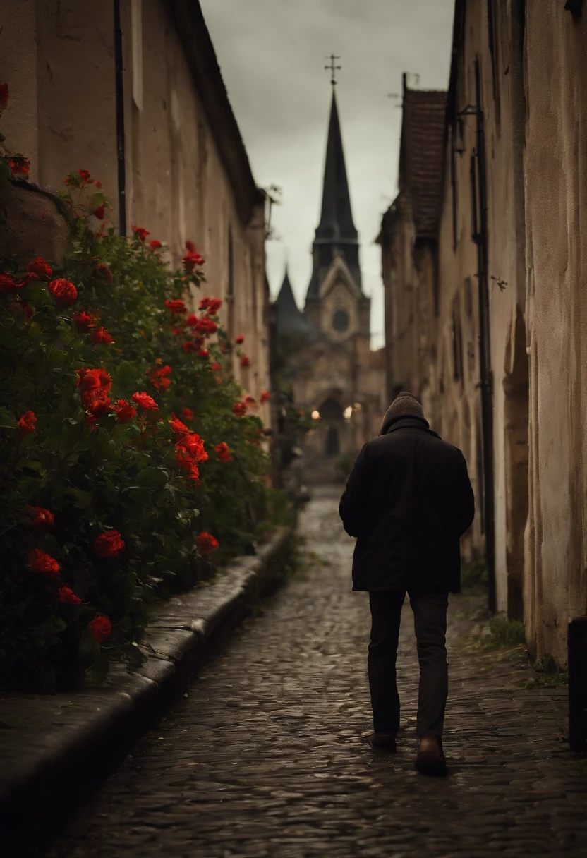 It's a dark night with light rain, A boy is sitting on the ground in front of him, he observes a red flower highlighted. , The setting is of a slum and there is a church with a tower and a large cross, A single lamp illuminates the scene