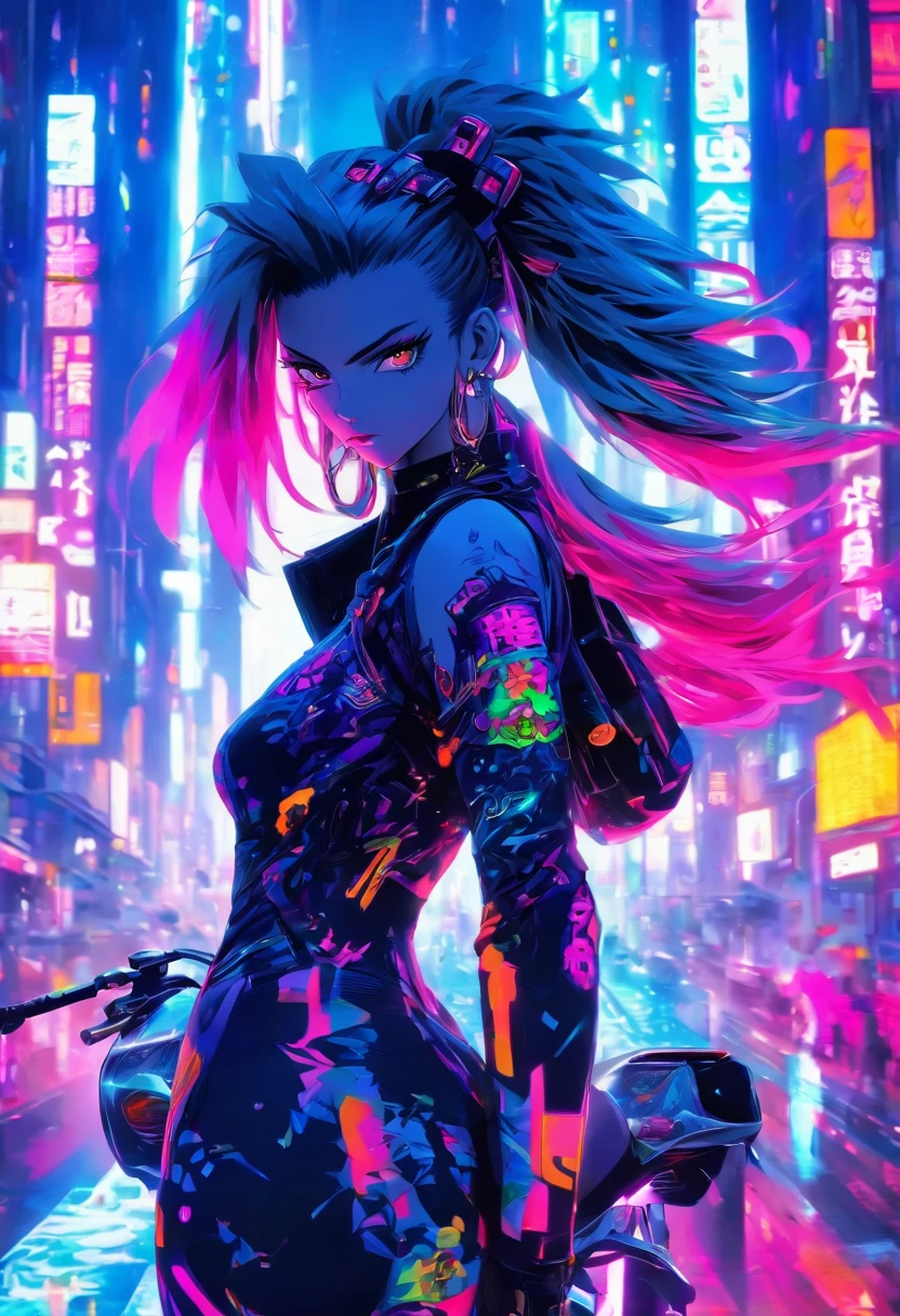 masterpiece, best quality, Confident cyberpunk girl, full body shot, ((standing in front of motorcycle)), Harajuku-inspired pop outfit, bold colors and patterns, eye-catching accessories, trendy and innovative hairstyle, vibrant makeup, Cyberpunk dazzling cityscape, skyscrapers, neon signs, LED lights, bright and vivid color scheme, anime, illustration, detailed skin texture, detailed cloth texture, beautiful detailed face, intricate details, ultra detailed.