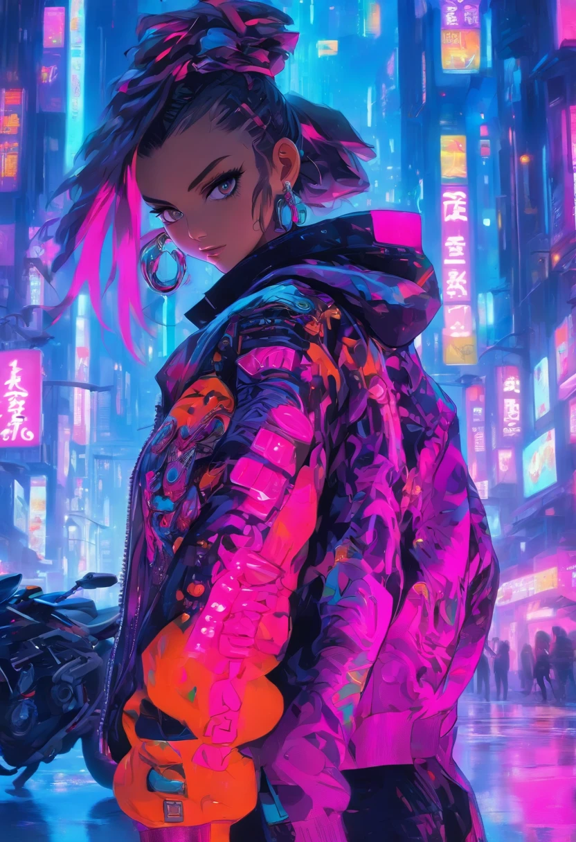 masterpiece, best quality, Confident cyberpunk girl, full body shot, ((standing in front of motorcycle)), Harajuku-inspired pop outfit, bold colors and patterns, eye-catching accessories, trendy and innovative hairstyle, vibrant makeup, Cyberpunk dazzling cityscape, skyscrapers, neon signs, LED lights, bright and vivid color scheme, anime, illustration, detailed skin texture, detailed cloth texture, beautiful detailed face, intricate details, ultra detailed.