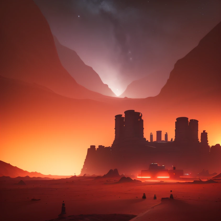 an alien base (very detailed) with several exhaust fans and chimneys in the middle of a mountainous desert, some spotlights coming out of the base to light up the dark place, (extreme night), some clouds in the night sky, some planets around to give an unknown planet air