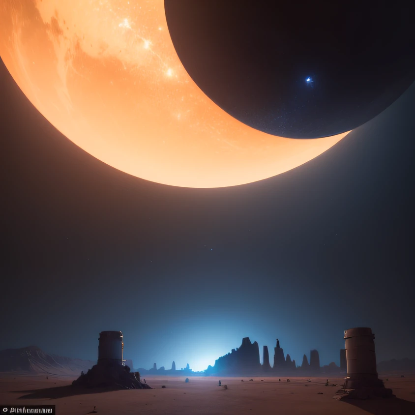 an alien base (very detailed) with several exhaust fans and chimneys in the middle of a mountainous desert, some spotlights coming out of the base to light up the dark place, (extreme night), some clouds in the night sky, some planets around to give an unknown planet air