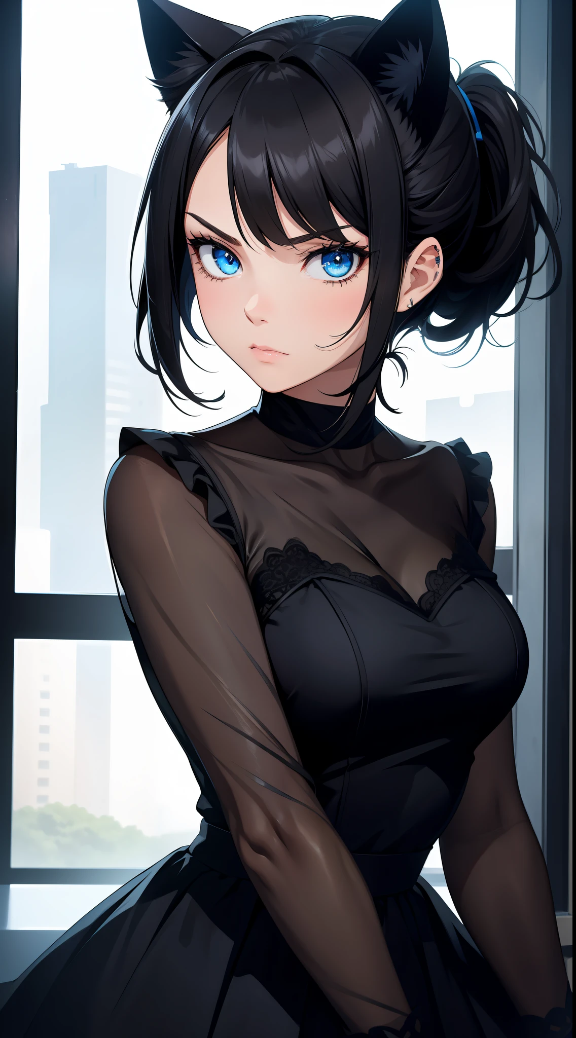 Adult girl, short black hair, high ponytail, blue eyes, cat ears, dark dress, open shoulders, stern look, masterpiece, high quality