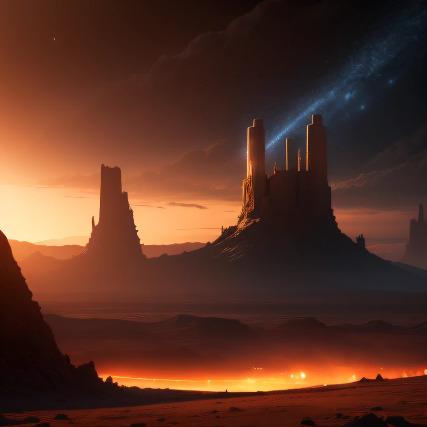 an alien base (very detailed) with several exhaust fans and chimneys in the middle of a mountainous desert, some spotlights coming out of the base to light up the dark place, (extreme night), some clouds in the night sky, some planets around to give an unknown planet air