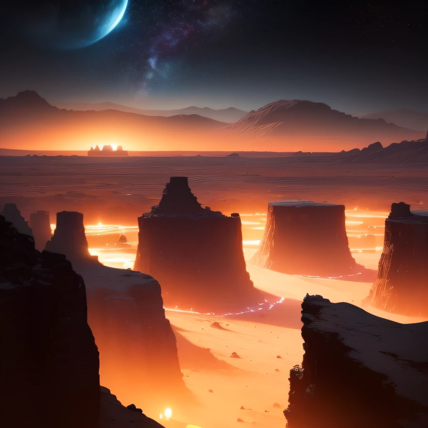 an alien base (very detailed) with several exhaust fans and chimneys in the middle of a mountainous desert, some spotlights coming out of the base to light up the dark place, (extreme night), some clouds in the night sky, some planets around to give an unknown planet air