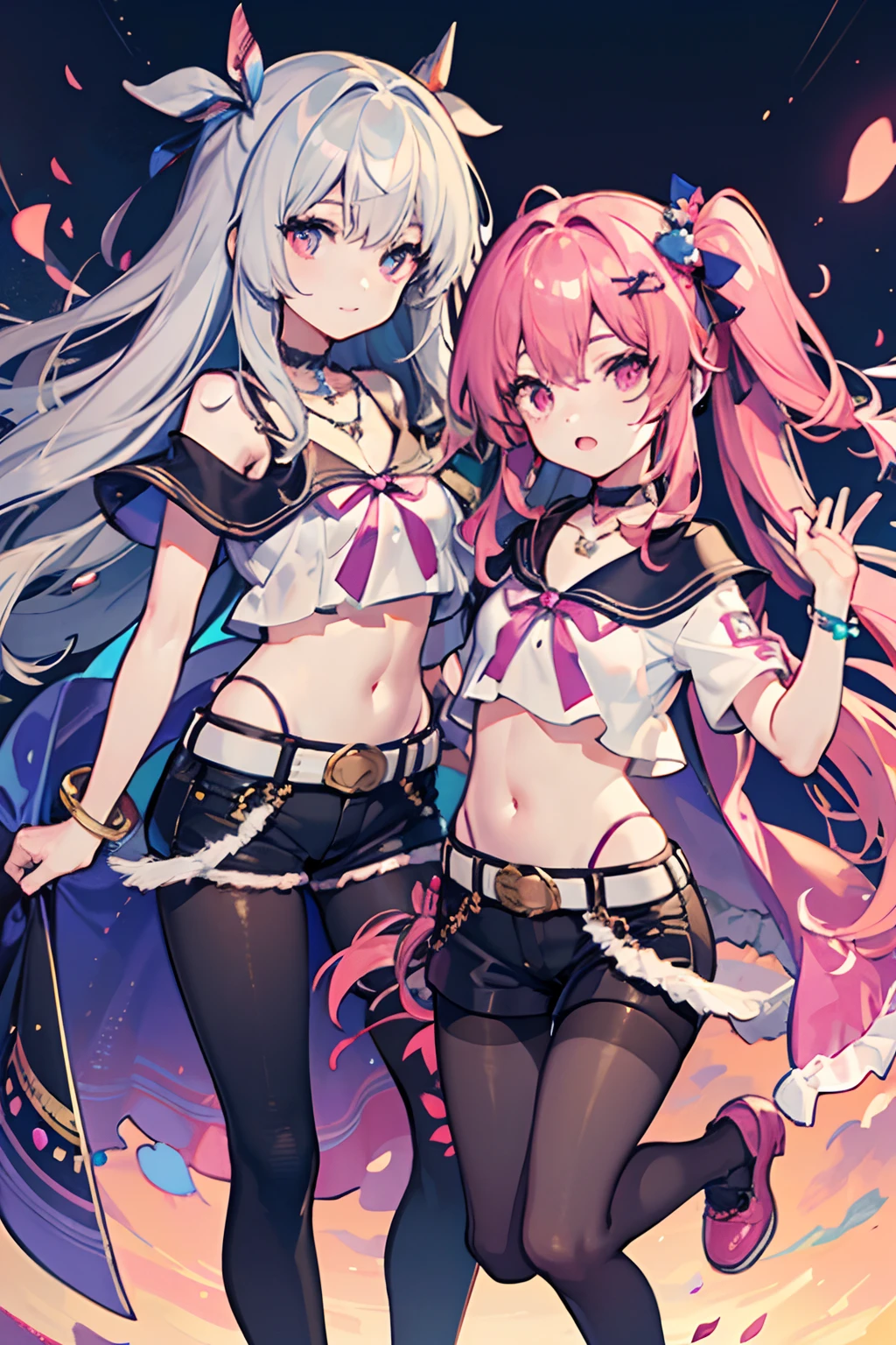 ,twins, Masterpiece,Best quality,offcial art,Extremely detailed Cg Unity 8K wallpaper, 2girls, cute female , hair adornments, Short shorts, Crop top, ribbon_choker necklace, leg belt,Pantyhose
