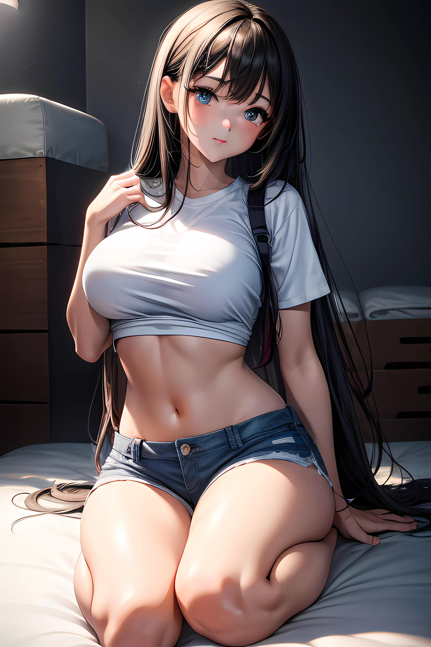 Woman, goth, looking at the viewer, big thighs, big ass, black shorts