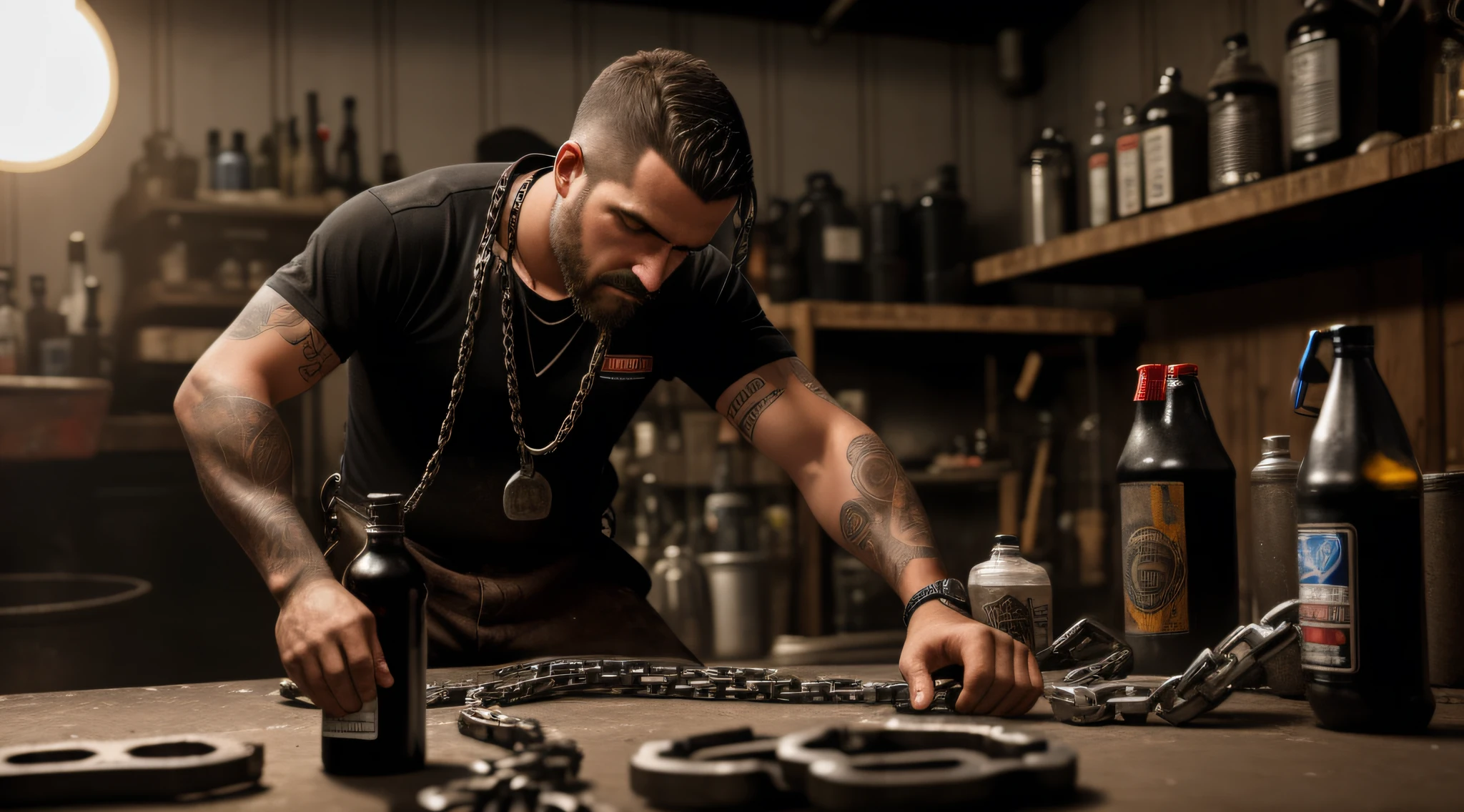 A dark and gritty scene of a mechanic working on a motorcycle chain, with a bottle of chain conditioner in the foreground.