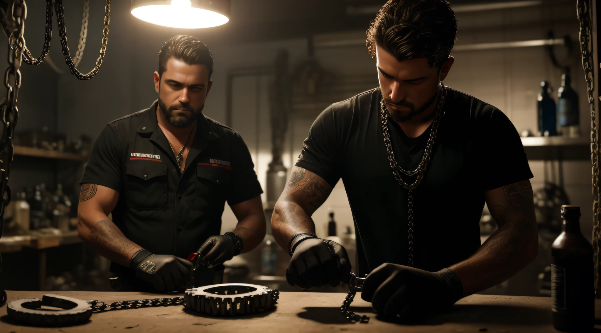 A dark and gritty scene of a mechanic working on a motorcycle chain, with a bottle of chain conditioner in the foreground.