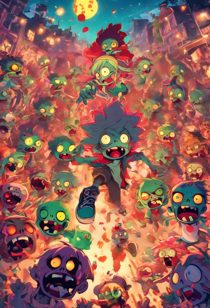 Design a one-page digital illustration that features an adorable and cheerful zombie world bursting with happy colors. Populate the scene with cute, zombified characters engaged in quirky and humorous activities, such as a zombie picnic, a dance party, or a gardening club. Infuse the entire composition with a vibrant and inviting color palette to create a fun and whimsical atmosphere that defies the typical gloom associated with zombies.