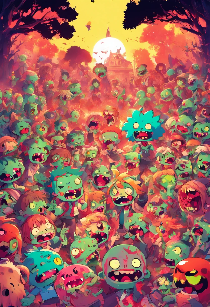 Design a one-page digital illustration that features an adorable and cheerful zombie world bursting with happy colors. Populate the scene with cute, zombified characters engaged in quirky and humorous activities, such as a zombie picnic, a dance party, or a gardening club. Infuse the entire composition with a vibrant and inviting color palette to create a fun and whimsical atmosphere that defies the typical gloom associated with zombies.