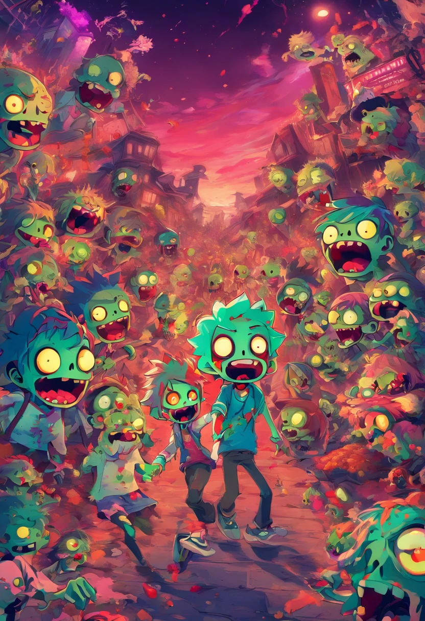 Design a one-page digital illustration that features an adorable and cheerful zombie world bursting with happy colors. Populate the scene with cute, zombified characters engaged in quirky and humorous activities, such as a zombie picnic, a dance party, or a gardening club. Infuse the entire composition with a vibrant and inviting color palette to create a fun and whimsical atmosphere that defies the typical gloom associated with zombies.
