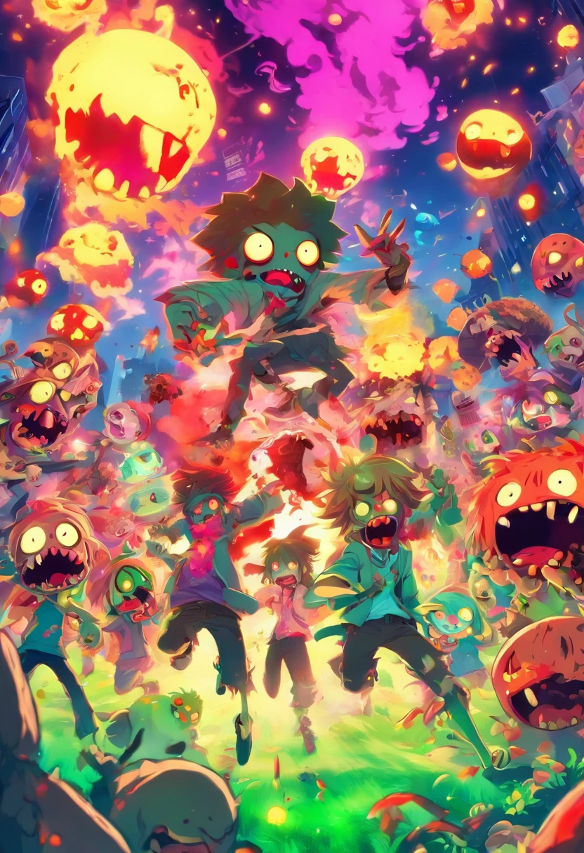 Design a one-page digital illustration that features an adorable and cheerful zombie world bursting with happy colors. Populate the scene with cute, zombified characters engaged in quirky and humorous activities, such as a zombie picnic, a dance party, or a gardening club. Infuse the entire composition with a vibrant and inviting color palette to create a fun and whimsical atmosphere that defies the typical gloom associated with zombies.