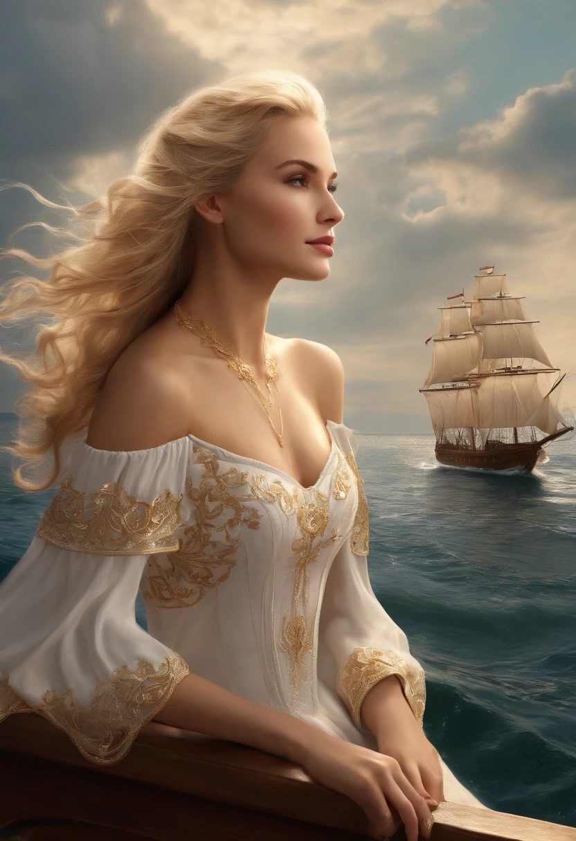 (((Masterpiece, Highest quality, High definition, High detail)))), ((((fantasy))), One, (elf woman)))), (Short white dress，gold embroidery), (Blonde hair with long straight hair), (Shiny dark green eyes), (White ruffled blouse，gold embroidery), , (((On the deck of a sailing ship at sea)), (Vast sea))), (The firmament of visible clouds)), (( Seagulls fly in the sky)), Smile, (breeze), Particles of light fly
