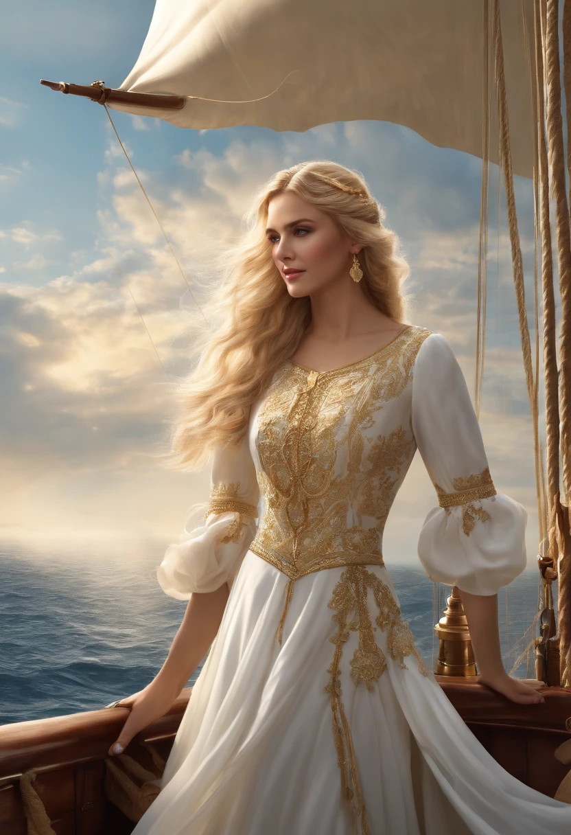 (((Masterpiece, Highest quality, High definition, High detail)))), ((((fantasy))), One, (elf woman)))), (Short white dress,gold embroidery), (Blonde hair with long straight hair), (Shiny dark green eyes), (White ruffled blouse,gold embroidery), , (((On the deck of a sailing ship at sea)), (Vast sea))), (The firmament of visible clouds)), (( Seagulls fly in the sky)), Smile, (breeze), Particles of light fly