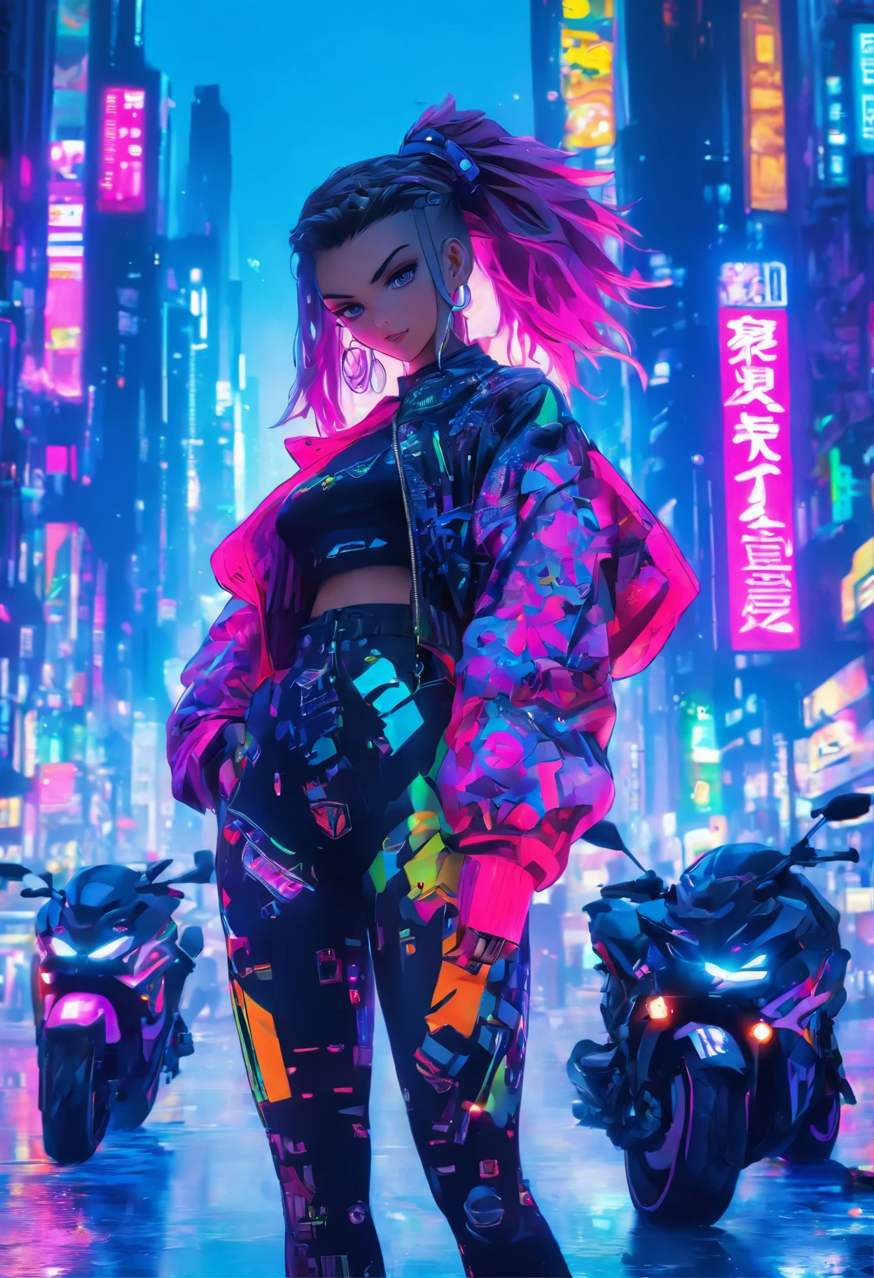masterpiece, best quality, Confident cyberpunk girl, full body shot, ((standing in front of motorcycle)), Harajuku-inspired pop outfit, bold colors and patterns, eye-catching accessories, trendy and innovative hairstyle, vibrant makeup, Cyberpunk dazzling cityscape, skyscrapers, neon signs, LED lights, bright and vivid color scheme, anime, illustration, detailed skin texture, detailed cloth texture, beautiful detailed face, intricate details, ultra detailed.