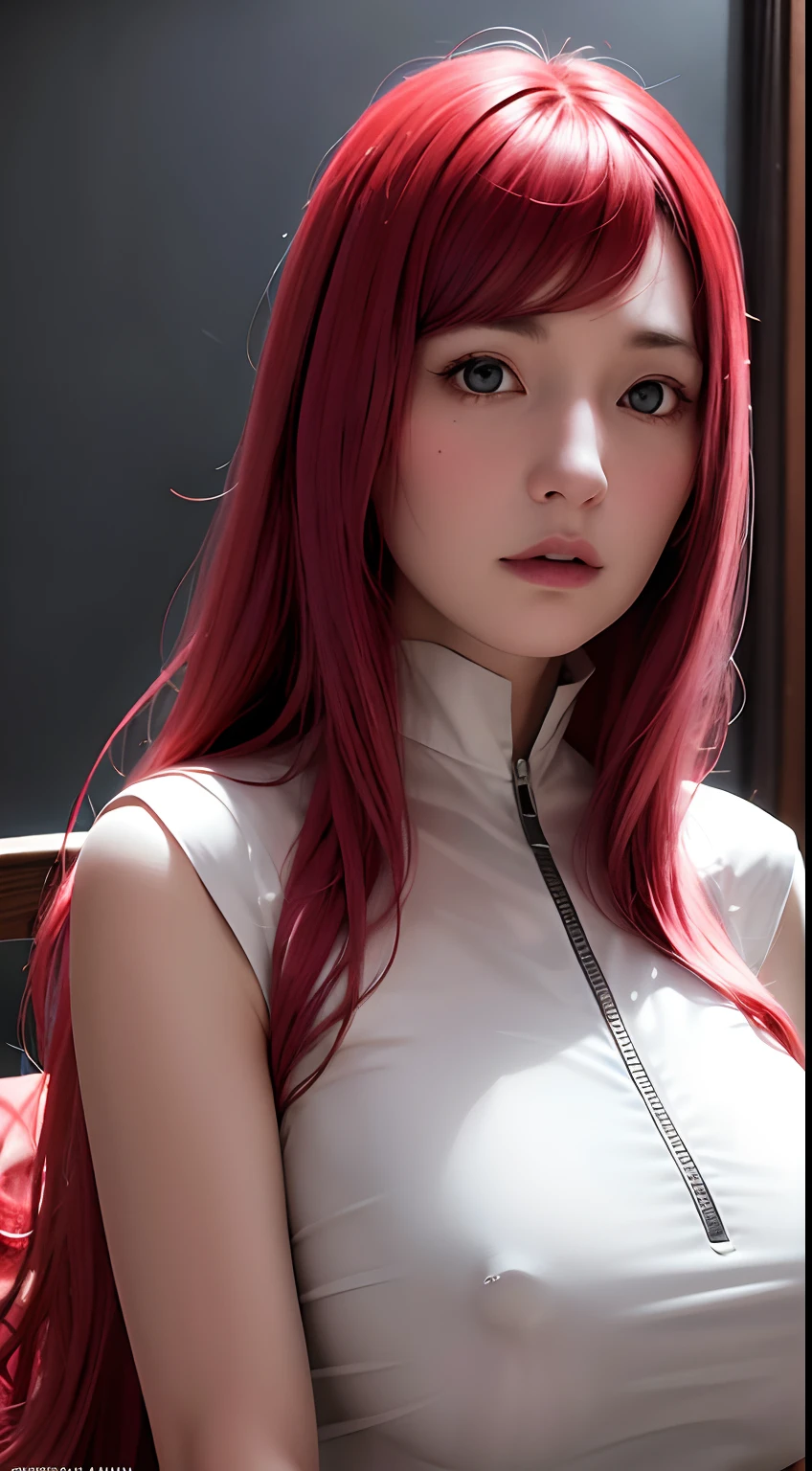 1girl, portrait of kushinaNS, solo, huge breast, red long hair,looking_at_viewer, shirt, white_shirt, bangs, grey_eyes, closed_mouth, sleeveless, face, parted_bangs, collared_shirt, parody, portrait, frown, volumetric lighting, best quality, masterpiece, intricate details, tonemapping, sharp focus, hyper detailed, trending on Artstation,