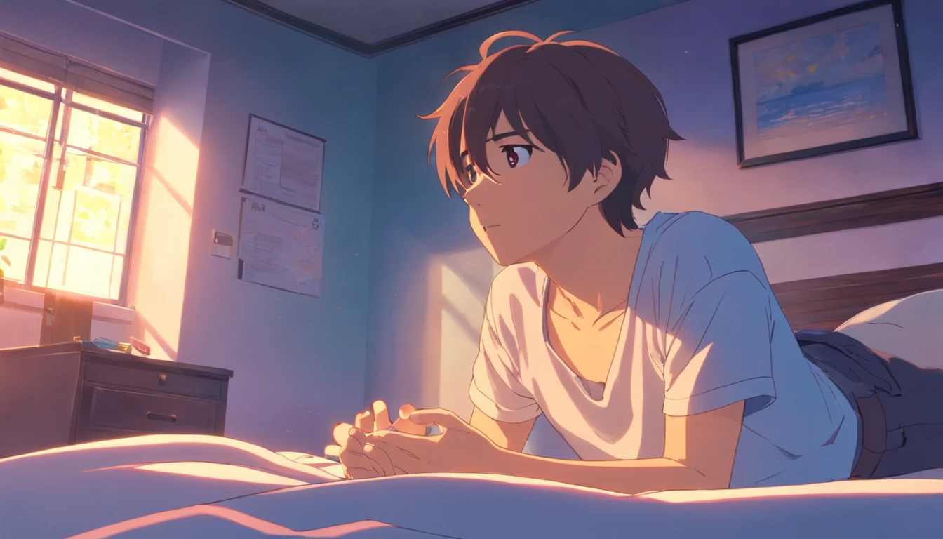 A man lies on the bed，Looking at the ceiling，The expression was shocked