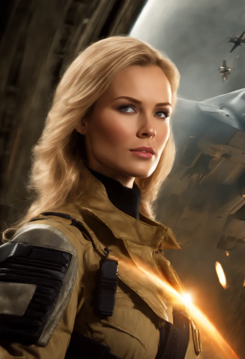 Realistic,polite dress,(Fighter action war movie poster),(Basic movie reference: 1.8),Realistic,Air Force General Uniform,(realistic face resolution),cinematic pose,Adult,Skinny,small,Long hair deep blonde woman 1 person,Serious face,Science fiction,Sci-fi,Different supporting characters