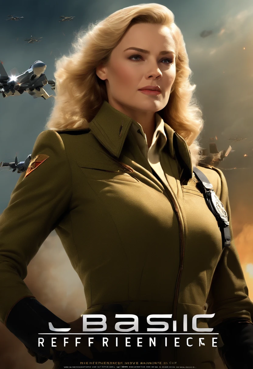 Realistic,polite dress,(Fighter action war movie poster),(Basic movie reference: 1.8),Realistic,Air Force General Uniform,(realistic face resolution),cinematic pose,Adult,Skinny,small,Long hair deep blonde woman 1 person,Serious face,Science fiction,Sci-fi,Different supporting characters