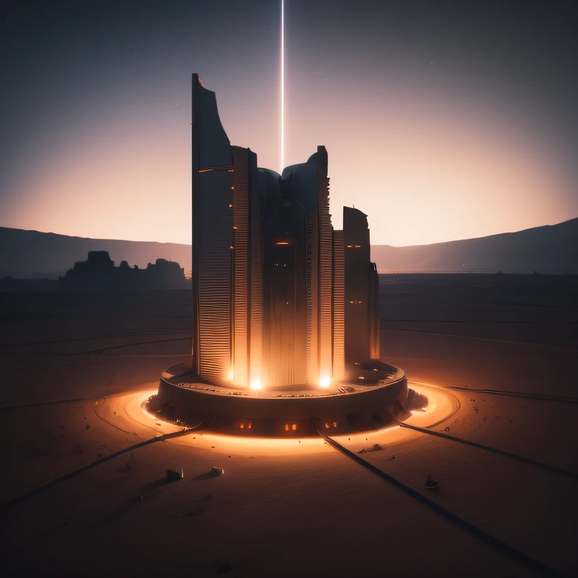 an alien base (very detailed) with several exhaust fans and chimneys in the middle of a mountainous desert, some spotlights coming out of the base to light up the dark place, (extreme night), some clouds in the night sky, some planets around to give an unknown planet air