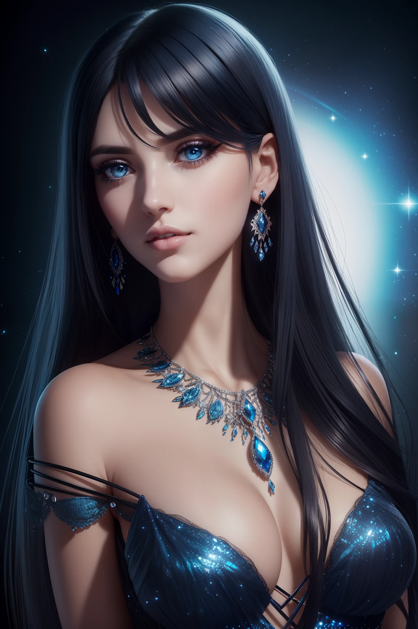 ultra detailed beautiful woman, 25 years-old woman, stunningly beautiful, dark blue hair, dark blue dress, dark blue eyes, her whole head is visible with hair, dark blue jewel necklace, earrings, dark blue eyeshadow visible on her eyelids and eyeliner on her eyes, very long eyelashes, stuningly beautiful face, focus on face, holographic, light particles, ultra detailed illustration, hit definition, very bold and vivid colors, 32k resolution, best quality, volumetric lighting, “best quality”, “masterpiece", half of her body is visible, top of her dress is visible, ultra realistic, high-quality detail