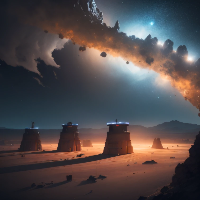 an alien base (very detailed) with several exhaust fans and chimneys in the middle of a mountainous desert, some spotlights coming out of the base to light up the dark place, (extreme night), some clouds in the night sky, some planets around to give an unknown planet air