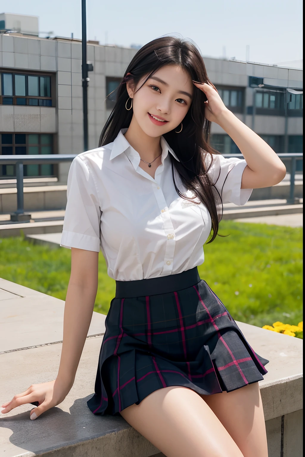 Top quality, RAW photo, super high resolution, smile, 17 year old Korean, very big round breasts, school uniform, collared shirt, ribbon, yellow plaid skirt, hair fastening, beautiful eyes, very thin mouth,, beautiful eyes in detail, cut eyes, dark cheek makeup, long eyelashes, beautiful double eyelids, eye shadow, Beautiful thin legs, beautiful thighs, earrings, necklace, school rooftop, rooftop bench, iron fence on rooftop