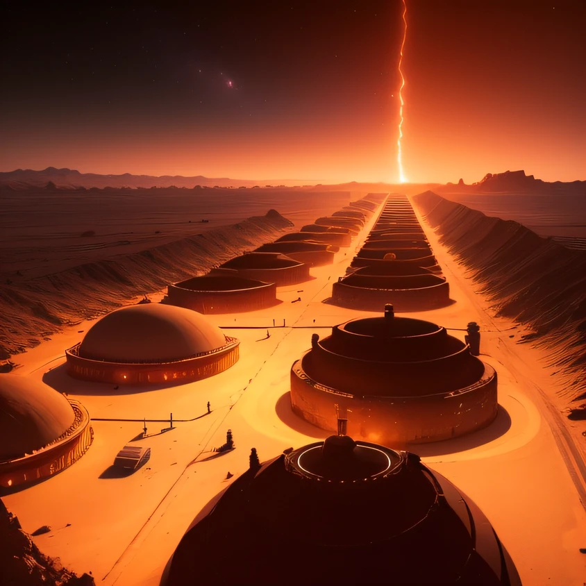 an alien base (very detailed) with several exhaust fans and chimneys in the middle of a mountainous desert, some spotlights coming out of the base to light up the dark place, (extreme night), some clouds in the night sky, some planets around to give an unknown planet air