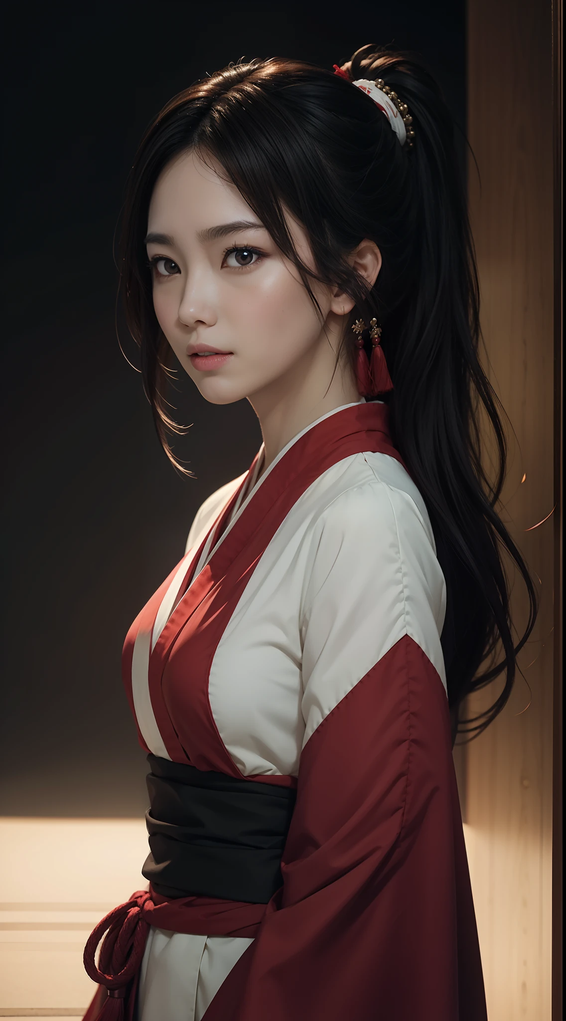 masterpiece, best quality, ultra-detailed, CG illustration, high resolution, better lighting, best shadow, extremely delicate and beautiful, appropriate shading, HD, 8k, ray tracing, hyper detailed and sharp background, perfect lights, anime style, Inspired by the game Mahokenshi: House of Ruby (Tengu, winged mountain kami, aggressive, red and white colors), strength, samuraipunk, solo, 1 woman, black hair, red eyes,  adult, obi tassel,