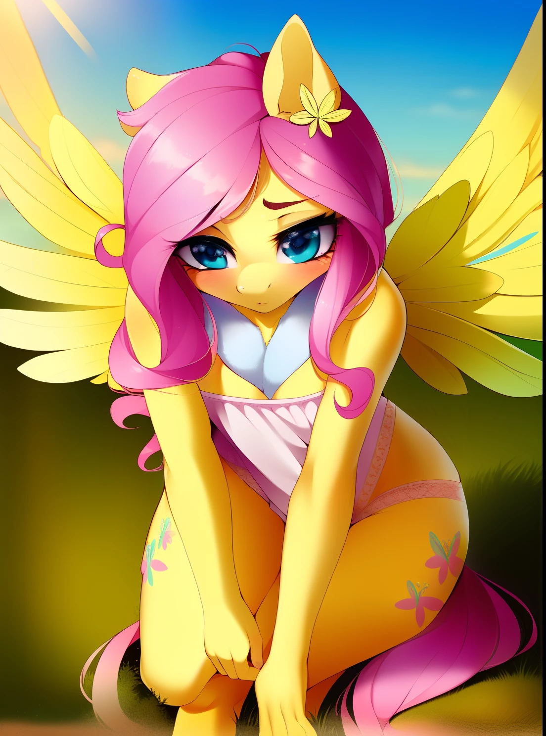((derpibooru_p_95)), fluttershy, solo, anthro,((best quality)), ((highly detailed)), masterpiece, (detailed eyes, deep eyes), (1girl), dynamic angle, cowboy shot, mlpfluttershy, pink hair, hair ornament, blue eyes, slight smile, yellow fur, anthro, mlp furry, nsfw, ecchi, medium breasts, pouty cheeks