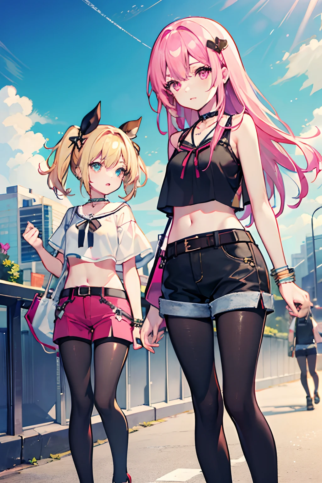 masterpiece, (textured skin), best quality, gorgeous beautiful girl, (a female skateboard athlete), detailed clothes,large ,narrow waist,, (beautiful face), cinematic lighting, (at skateboard venue ),(pink long hair),elf girl