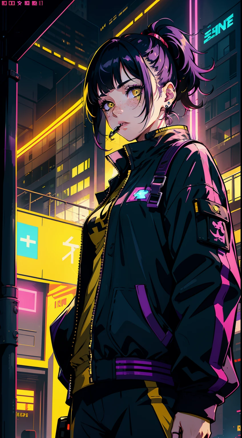 1girl,solo,colorful,yellow eyes,cyberpunk,city,peace sign,earrings,purple hair,eye patche,freckles,prothesis,mechanic,neon,beautiful lighting,purple reflection,cap,smoking,character focus,cg illustration,bust shot,yellow and black outfit,black hair,