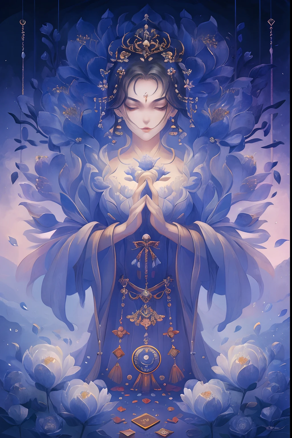 (tarot cards:1.4),Symmetrical up and down,Kizi,full bodyesbian,Fold your hands,Flowers bloom,(Extremely detailed:1.1),tmasterpiece,super-fine,best qualtiy,8K