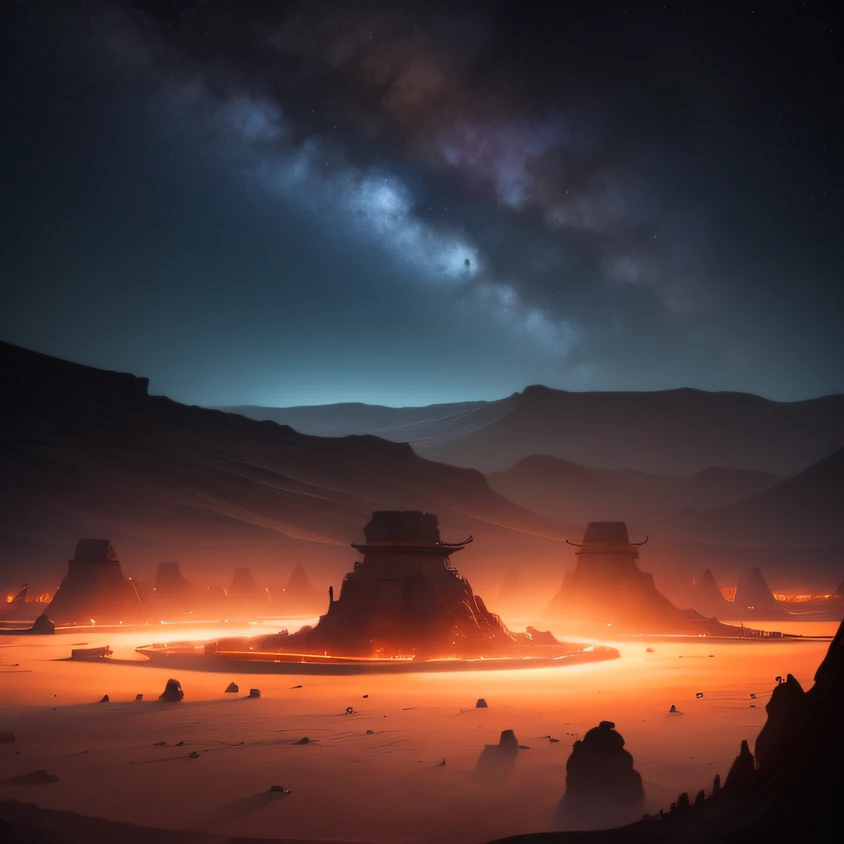 an alien base (very detailed) with several exhaust fans and chimneys in the middle of a mountainous desert, some spotlights coming out of the base to light up the dark place, (extreme night), some clouds in the night sky, some planets around to give an unknown planet air