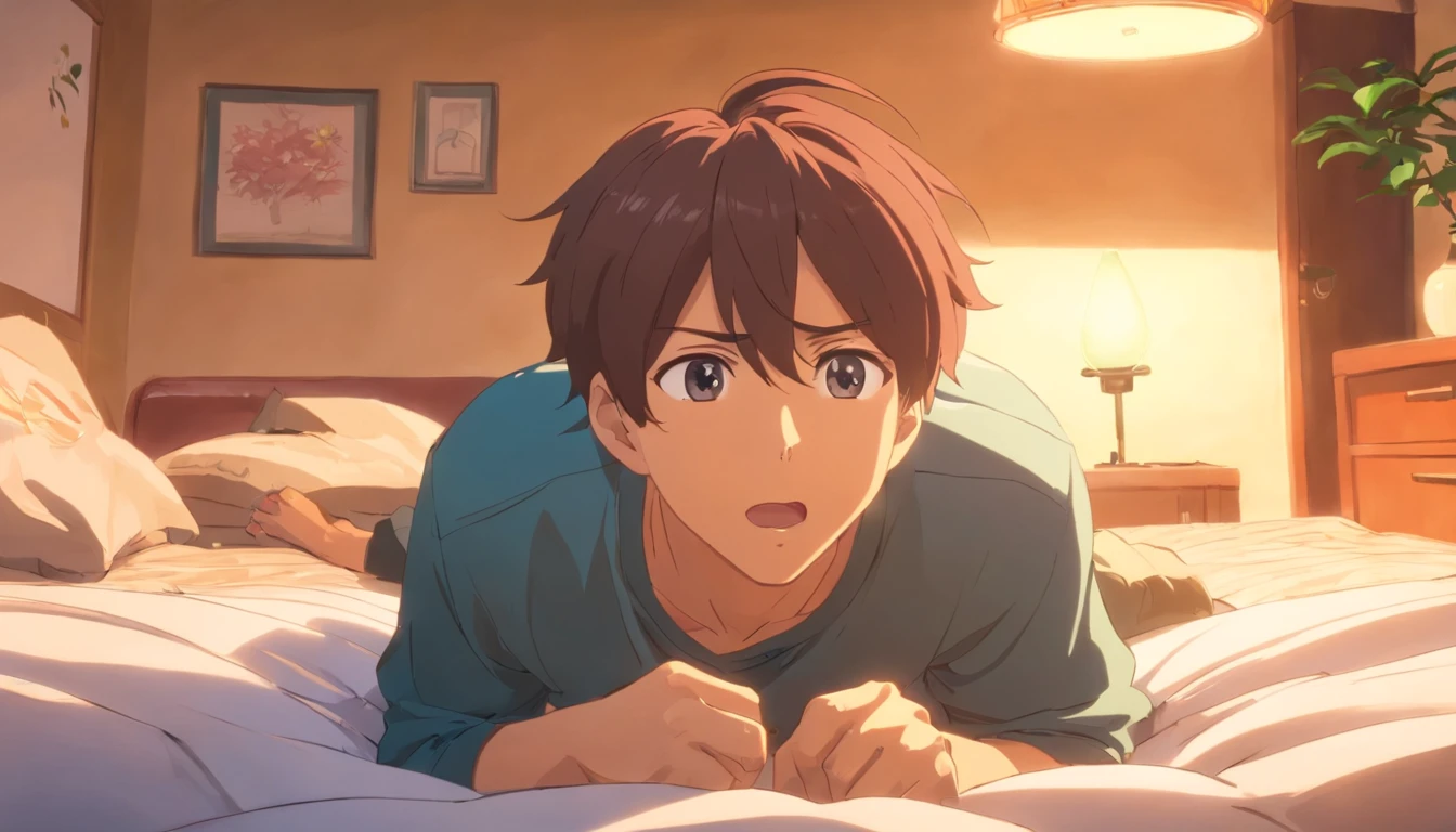 A 30-year-old middle-aged man lies on the bed on all fours,Looking at the ceiling,The expression was shocked,Top-down view
