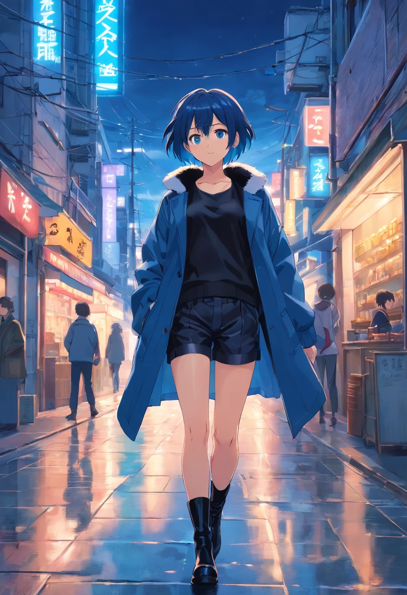 masterpiece, best quality, ultra-detailed, extremely detailed CG, blue short hair, dark blue eyes, blue mink coat, black camisole, black shorts, black boots, ( girl)