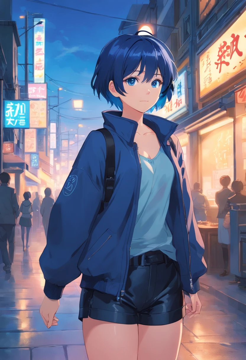 masterpiece, best quality, ultra-detailed, extremely detailed CG, blue short hair, dark blue eyes, blue mink coat, black camisole, black shorts, black boots, ( girl)
