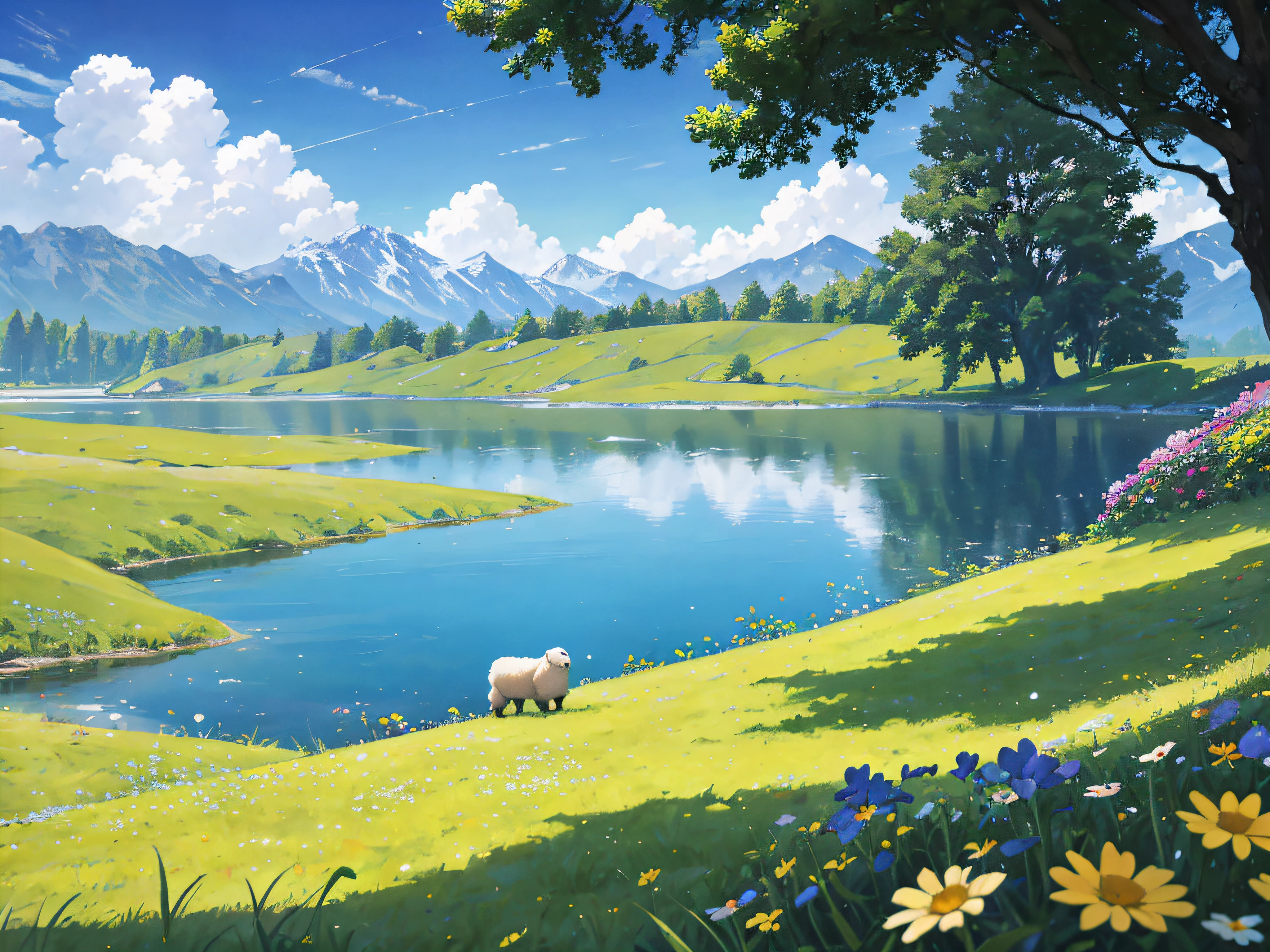 Summer, meadows, a few small flowers, clear lakes, sheep, heaven, large clouds, blue sky, hot weather, HD detail, hyper-detail, cinematic, surrealism, soft light, deep field focus bokeh, distant vistas are snowy mountains, ray tracing, and surrealism. --v6