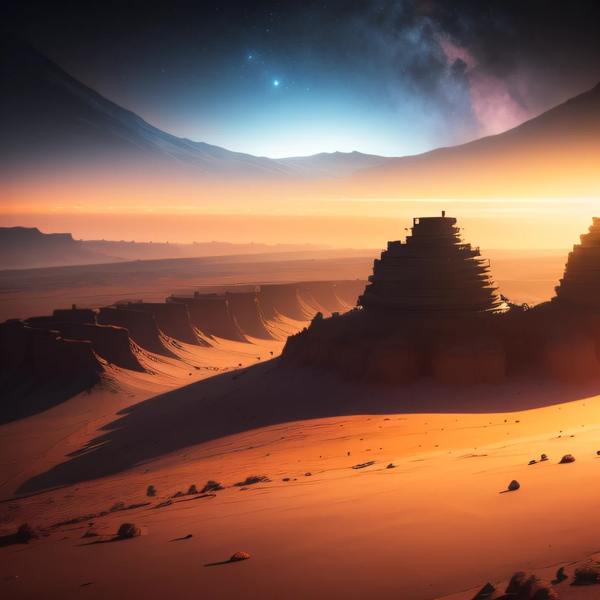 an alien base (very detailed) with several exhaust fans and chimneys in the middle of a mountainous desert, some spotlights coming out of the base to light up the dark place, (extreme night), some clouds in the night sky, some planets around to give an unknown planet air
