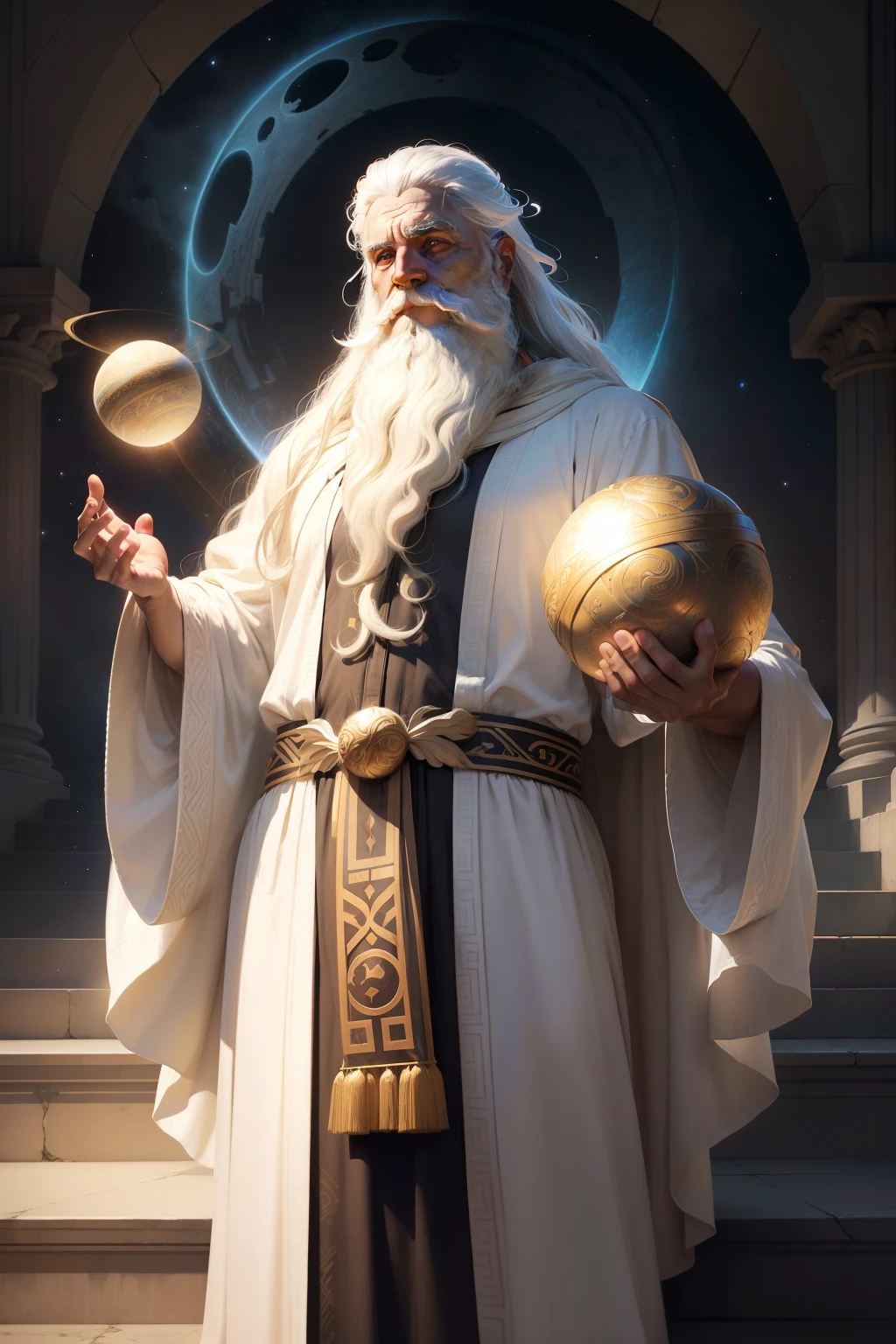 An old greek god man, wearing flowing robes and white hair and long beard, holding the planet Saturn in his hand, background is a open field with a stairway to heaven, mood is affirmative, consummate, majesty, fullness, daytime light, character design, art by Mark Ryden, Greg Simkins, Jason Limon, Dan Quintana.