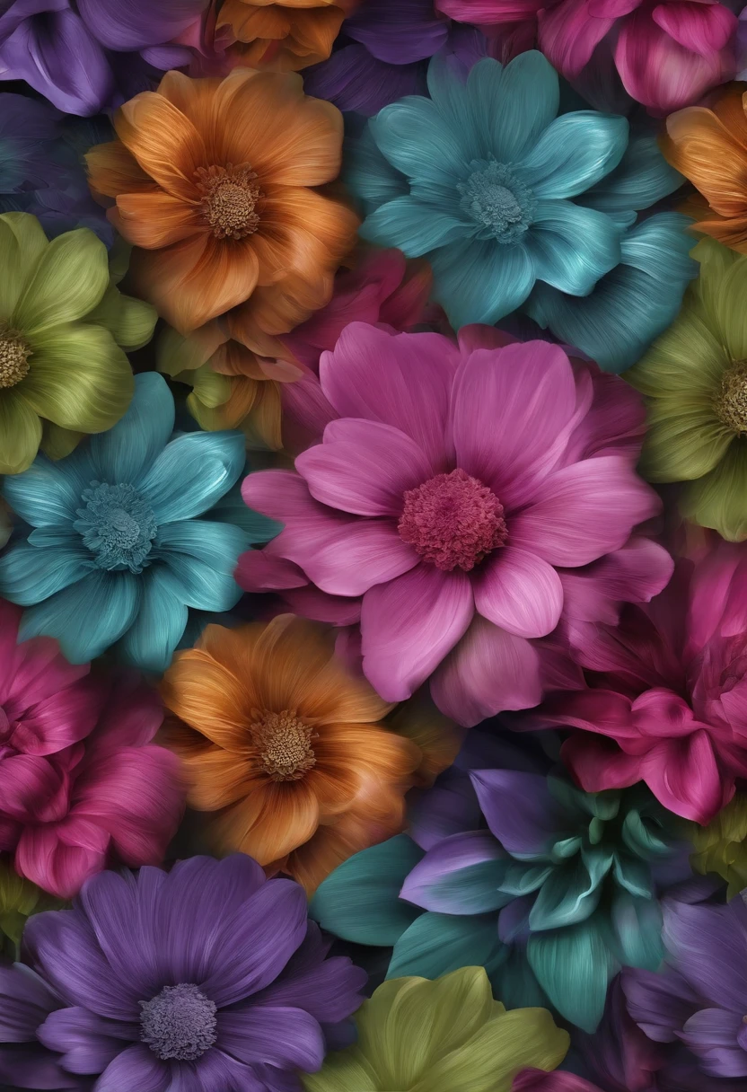 Beautiful repeating floral pattern in gemstone tones, 3d effect, Ultra photo realsisim , Pinterres, The hexadecimal code color is 5ABCB9, 63E2C6, FB6376, 613F75, 0C6291 only