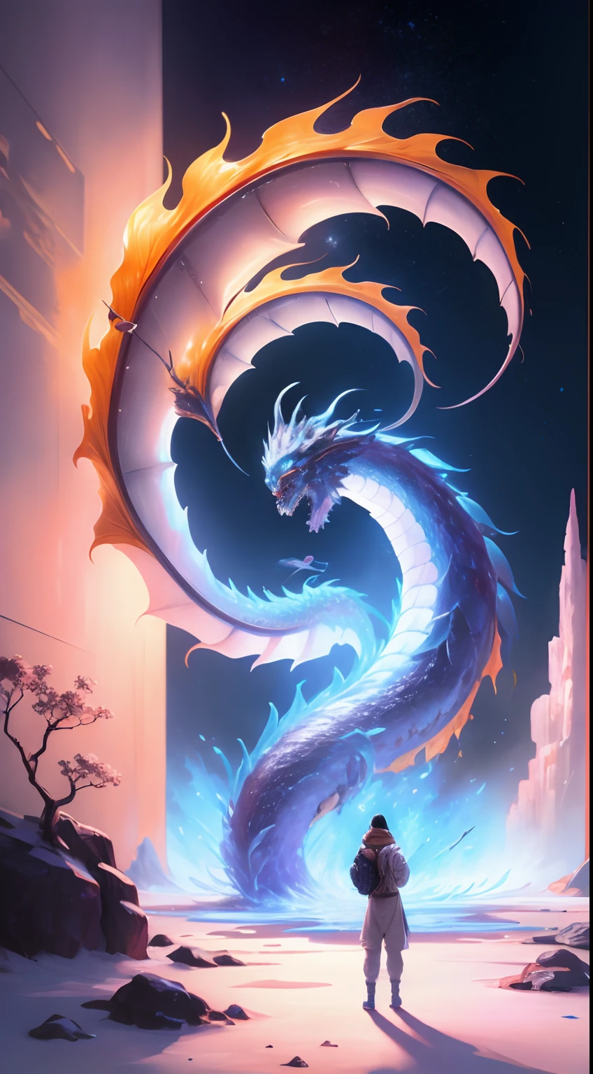 a Oriental Dragons,standing in front of a space portal overlooking the sun, cyril rolando and goro fujita, gateway to another universe, Inspired by Cyril Rolando, gateway to another dimension, world, visible only through the portal, High quality fantasy stock photo, portal to another world, portal to outer space, In the style of Cyril Rolando, Looking into space, Universe, Magical Galactic Portal, The Cycle of the Stars, God