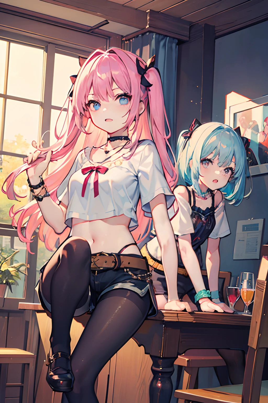,twins, Masterpiece,Best quality,offcial art,Extremely detailed Cg Unity 8K wallpaper, 2girls, cute female child,  hair adornments, Short shorts, Crop top, ribbon_choker necklace, leg belt,Pantyhose