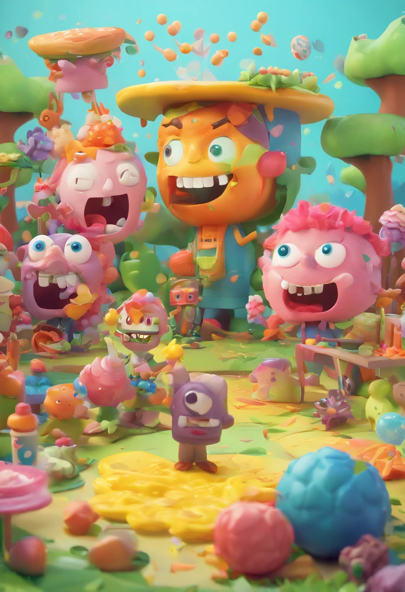 Design a one-page digital illustration that features an adorable and cheerful zombie world bursting with happy colors. Populate the scene with cute, zombified characters engaged in quirky and humorous activities, such as a zombie picnic, a dance party, or a gardening club. Infuse the entire composition with a vibrant and inviting color palette to create a fun and whimsical atmosphere that defies the typical gloom associated with zombies.
