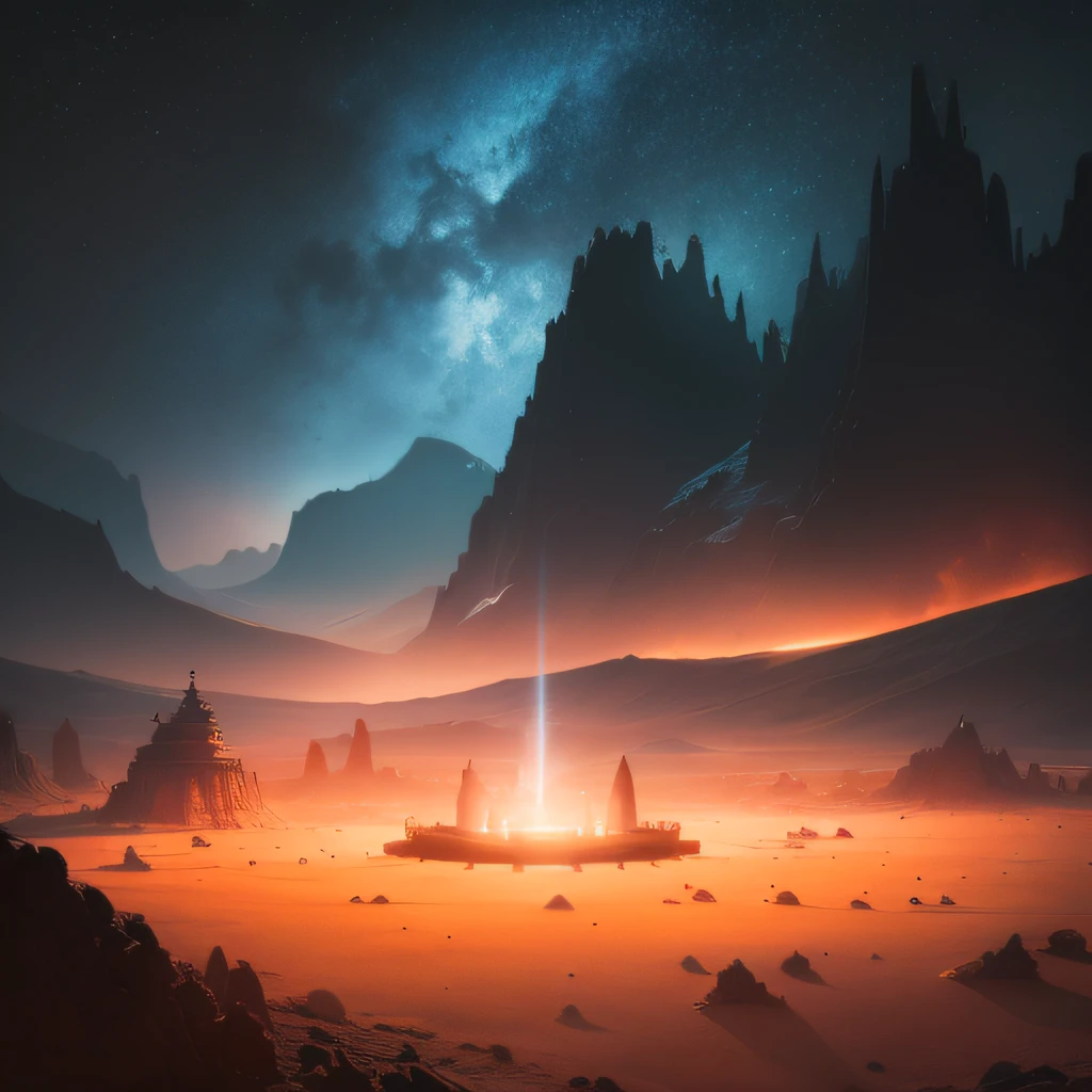 an alien base (very detailed) with several exhaust fans and chimneys in the middle of a mountainous desert, some spotlights coming out of the base to light up the dark place, (extreme night), some clouds in the night sky, some planets around to give an unknown planet air