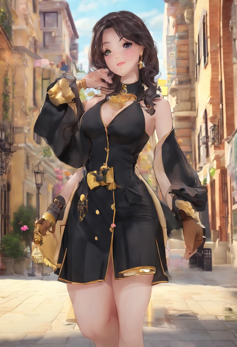 cabelos preto e longos,Stick out your tongue,Openwork robe pajamas,gold-wire glasses,Skirt that wraps hips,blackstockings,huge tit,Giant buttocks,On the street