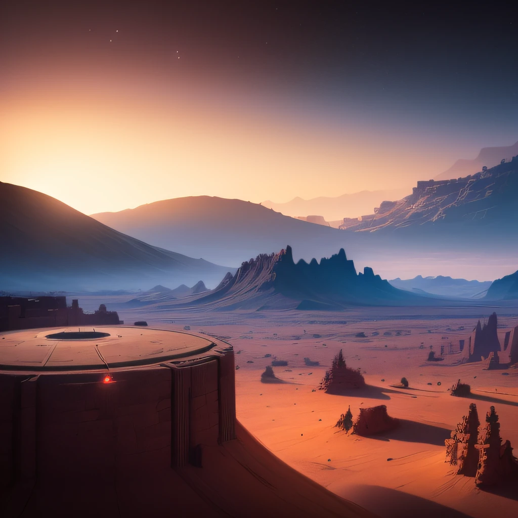 an alien base (very detailed) with several exhaust fans and chimneys in the middle of a mountainous desert, some spotlights coming out of the base to light up the dark place, (extreme night), some clouds in the night sky, some planets around to give an unknown planet air