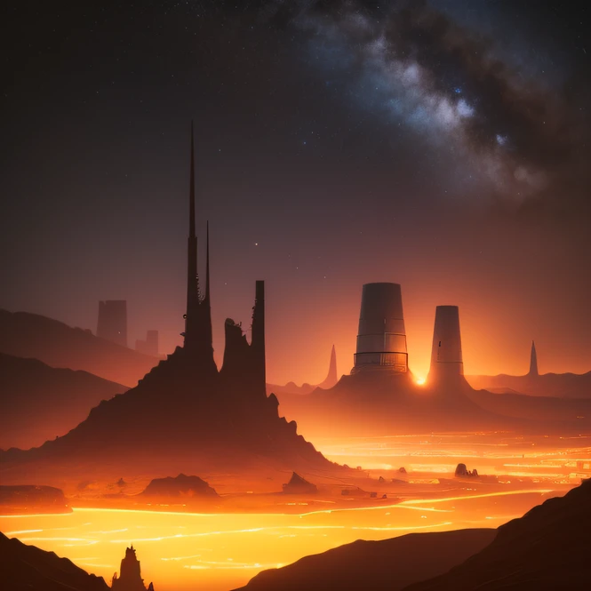 an alien base (very detailed) with several exhaust fans and chimneys in the middle of a mountainous desert, some spotlights coming out of the base to light up the dark place, (extreme night), some clouds in the night sky, some planets around to give an unknown planet air